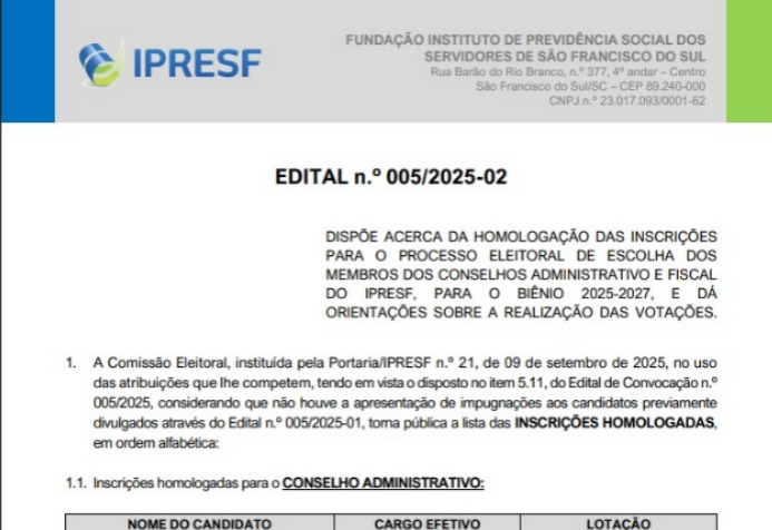 O IPRESF homologa inscrições e define lista de candidatos para o processo eleitoral de escolha de membros dos Conselhos Administrativo e Fiscal Biênio 2025-2027